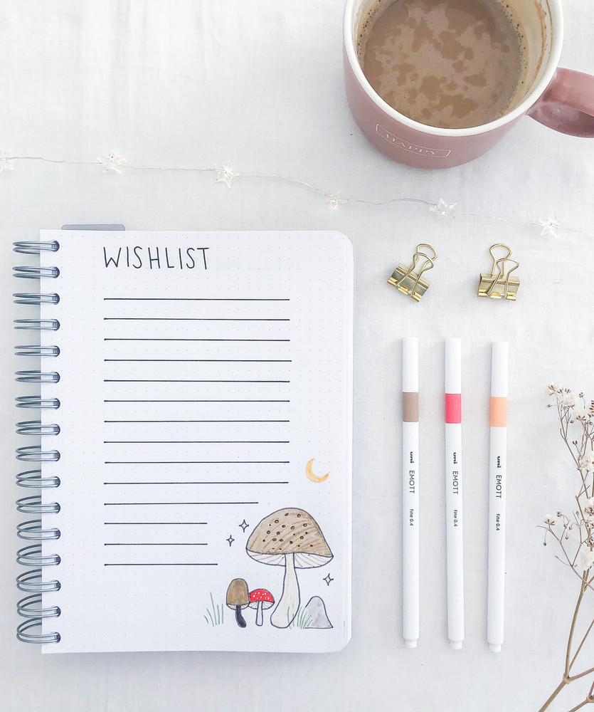 Wishlist page in a bullet journal for gift ideas and personal wishes