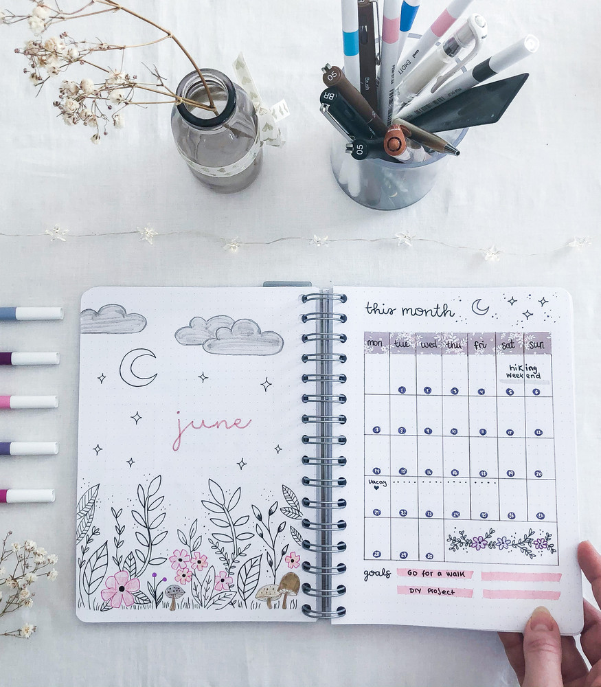 Månedsforside og månedlig oversikt i en bullet journal