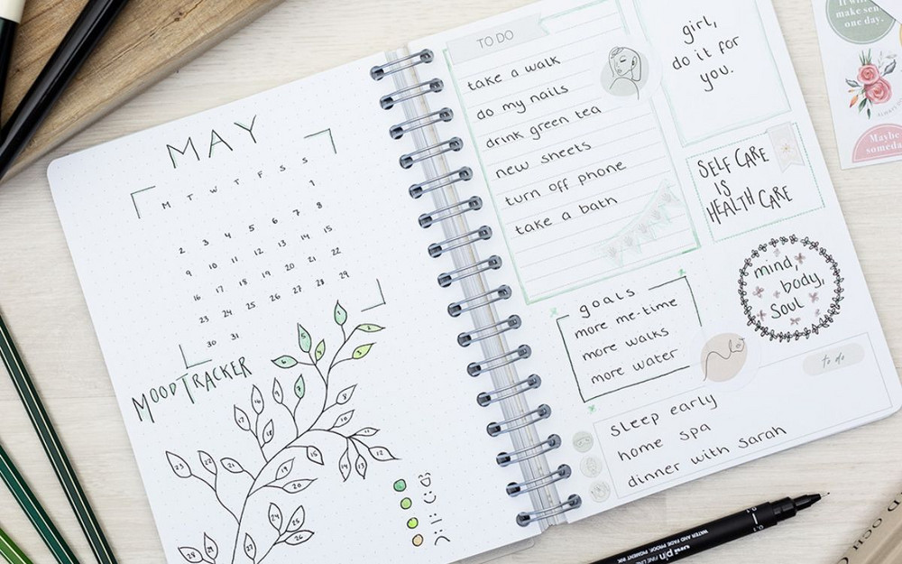 Ett bullet journal spread med en månedsoversikt, mood tracker og lister 