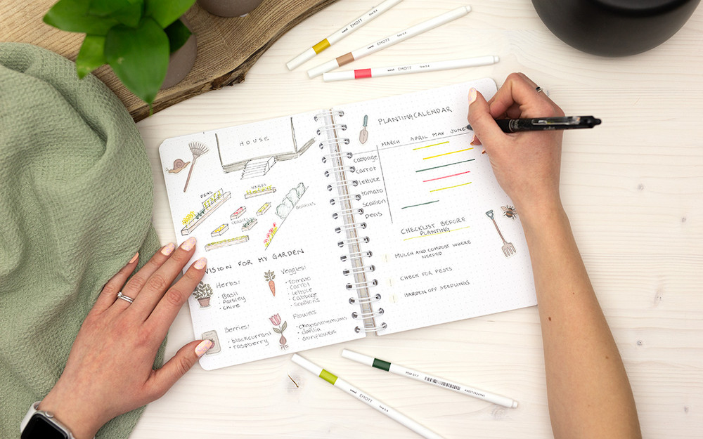 Planning and sketching a garden in a bullet journal