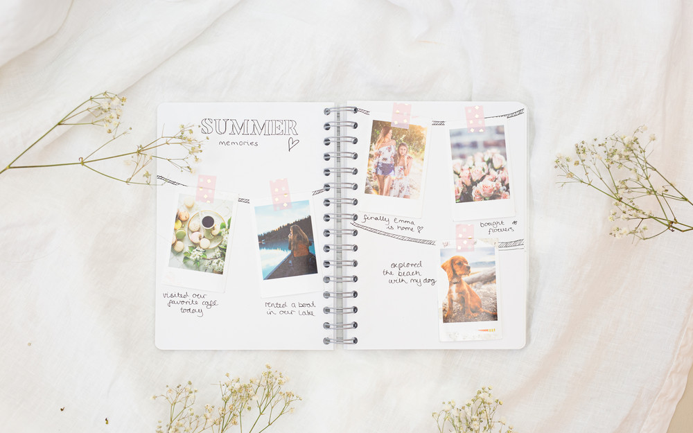 Bullet journal filled with summer memories, with photos & text