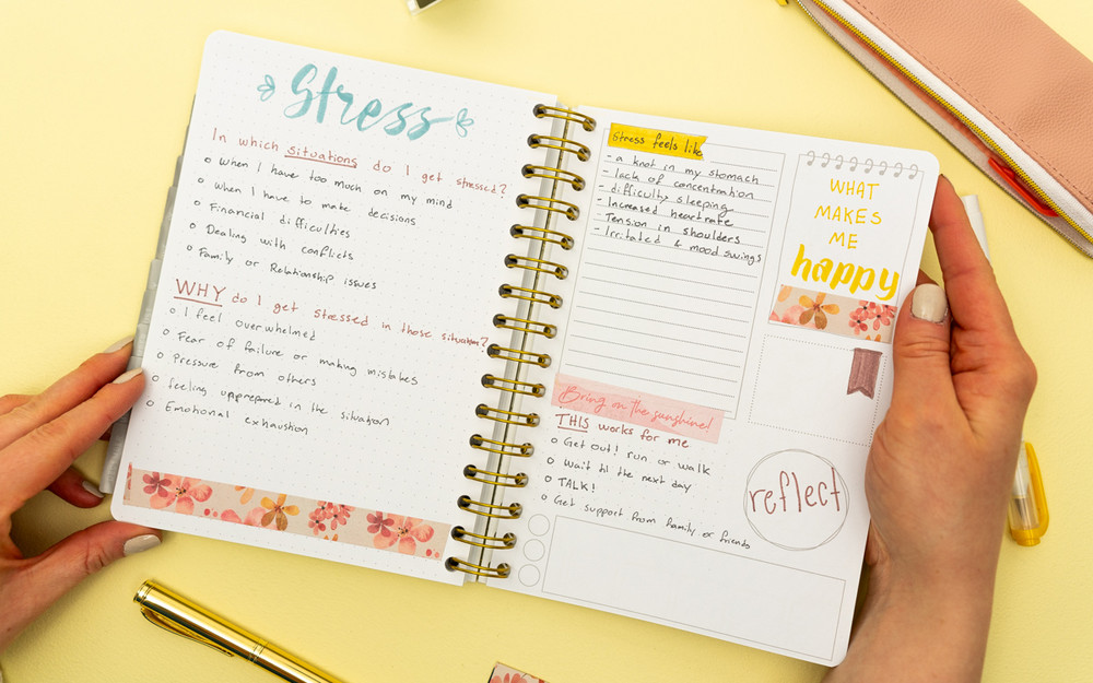 An open planner with a brain dump about what makes a person stressed