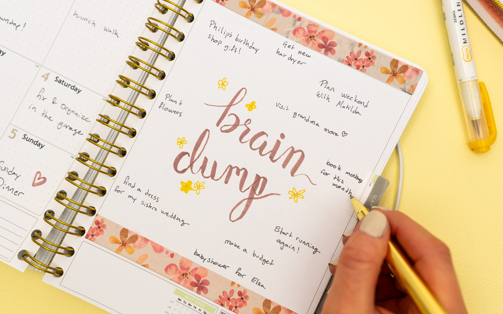 Ein aufgeschlagener, vergrößerter Kalender mit einem Brain dump dazu, was jemanden stresst